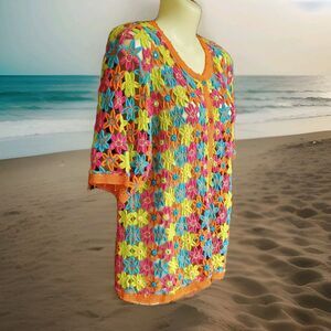 VTG Crochet Sweater XL Floral Colorful Embellished Cardigan Berek Takako Sakon